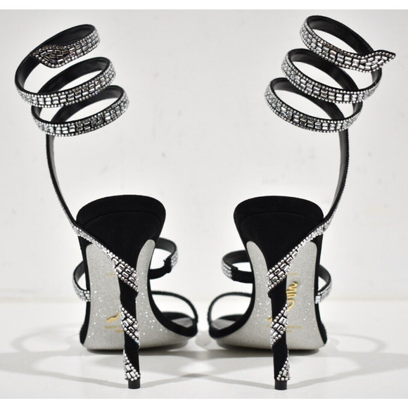 Rene Caovilla Margot Black Silver Crystal Ankle Wrap Strap Sandal Heel Pump 37 - Picture 11 of 13